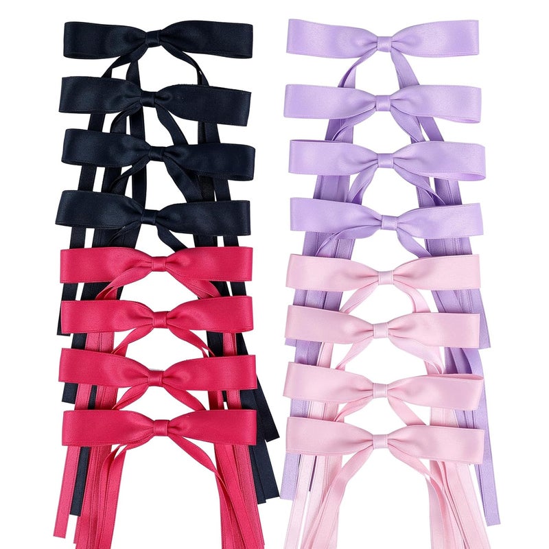 WORTL Hair Bows Clips Coquette Ribbon Bowknot with Long Tail Princess Hair Bows French Barrettes Hair Accessories for Women Girls 16PCS (Rose red, Dark Blue, Purple, Pink) - Image 1